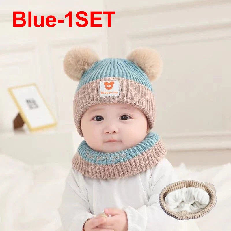 Cute Winter Warm Kids Girl Boys Baby Hats Fleece Wool Hemming Caps with Ball Solid Wool Ear Protection Hats Soft Newborn Bonnet Purest Peak