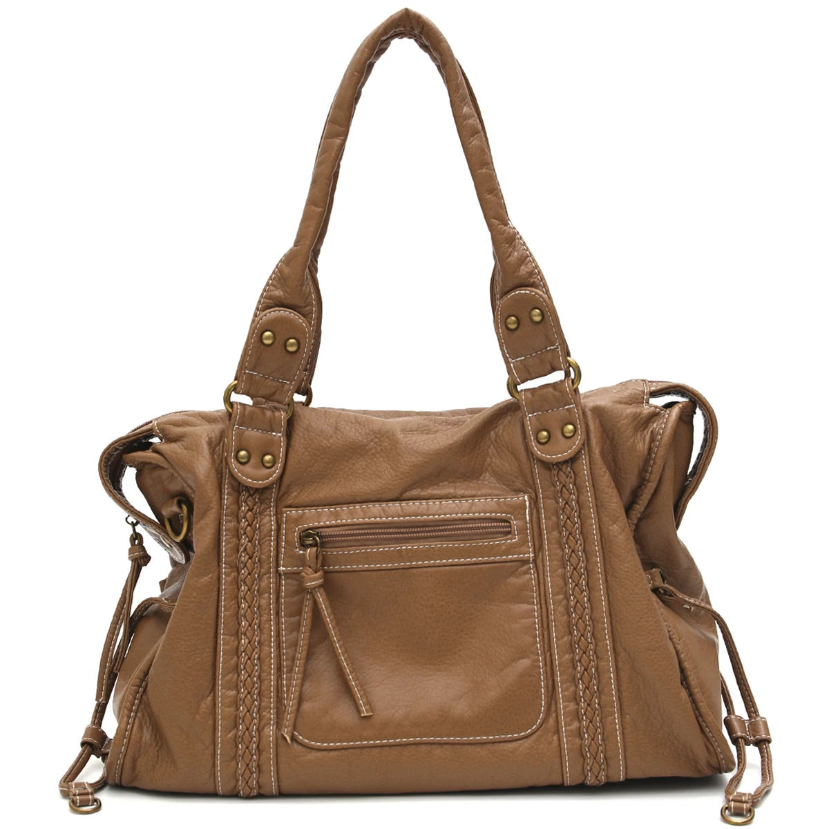 Vintage Washed PU Leather Large Capacity Tote Zip Pockets Braid Decor Shoulder Cross body Bag Unisex Women Daily Travel Handbag Quick Pick Grocers