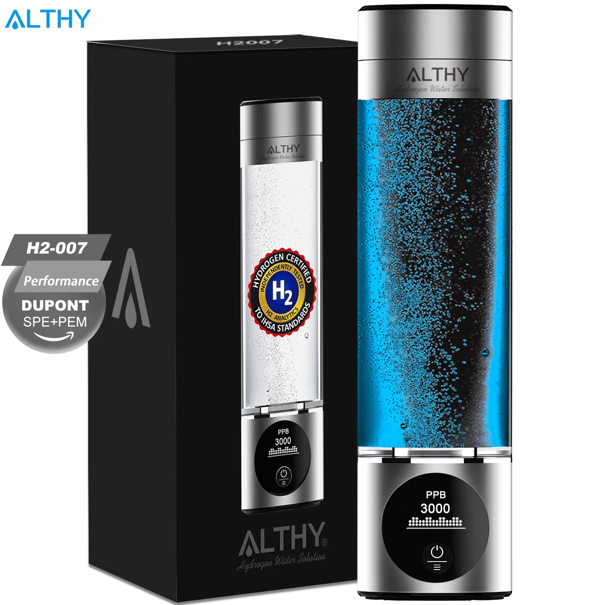 ALTHY Performance Hydrogen Water Generator Bottle DuPont SPE+PEM Dual Chamber + PPB&Time&Battery Display + H2 Inhalation Device Quick Pick Grocers