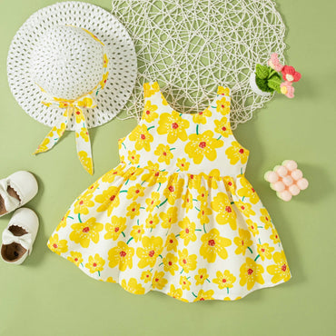 (0-2 Year Old Baby Girl Floral Dress) Summer New Sweet Bow Children'S Sleeveless Clothes With Free Hat For Beach Party Quick Pick Grocers