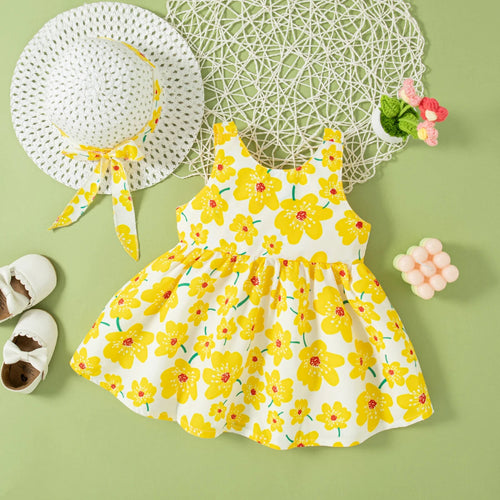 (0-2 Year Old Baby Girl Floral Dress) Summer New Sweet Bow Children'S Sleeveless Clothes With Free Hat For Beach Party Quick Pick Grocers