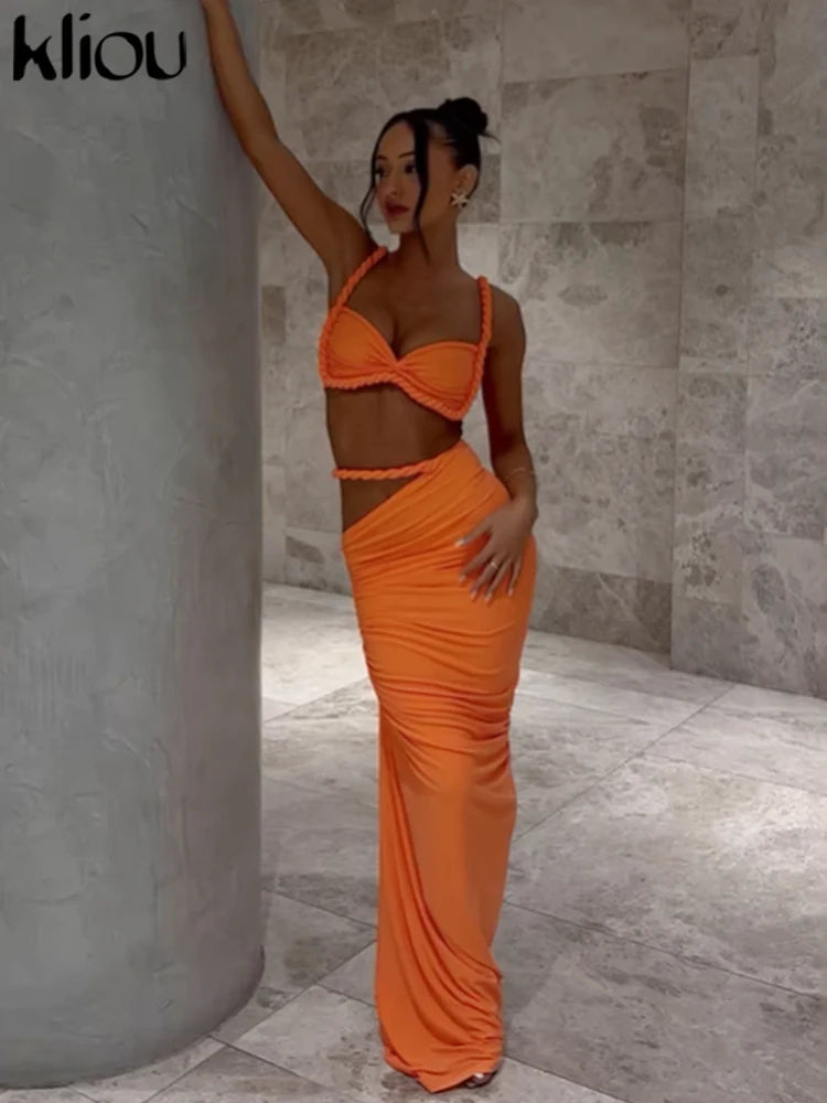 kliou Woven Sexy Women 2 Piece Set Stunning Hot Solid Pleated Crop Camisoles+High Waist Maxi Skirts Female Trend Vacation Outfit Quick Pick Grocers