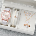 5/6PCS Fashion Women's Quartz Watch Leather Band Analog Wrist Watches Heart Rhinestone Jewelry Set(Without Box) Quick Pick Grocers