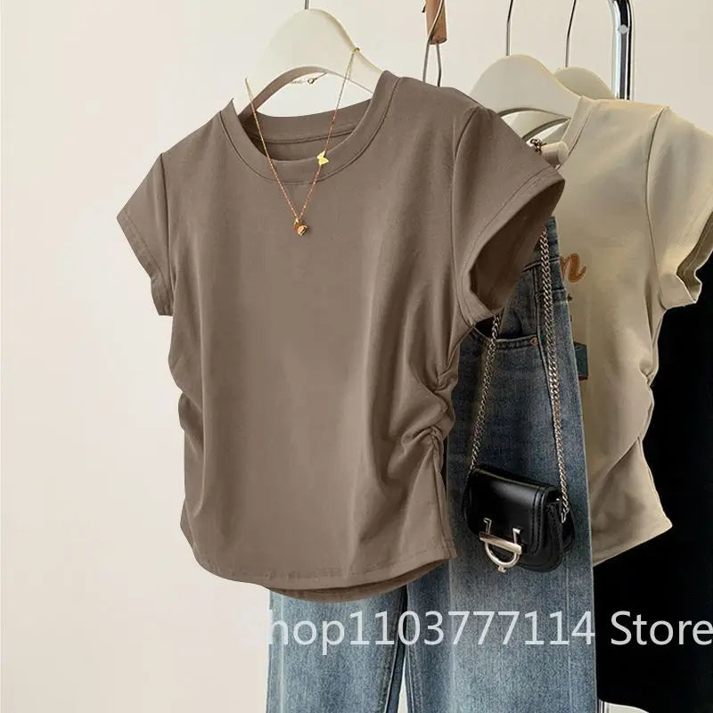 Women Summer Short Sleeved Top for Fashion Versatile Base Shirt Slim Fit Round Neck T-shirt Casual and Sexy Breathable and Cool Quick Pick Grocers