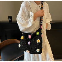Women's Boho Crochet Bag Designer Flowers Knitted Handbags Large Capacity Summer Beach Woven Shoulder Bag Girls Tote Shopper Bag Quick Pick Grocers