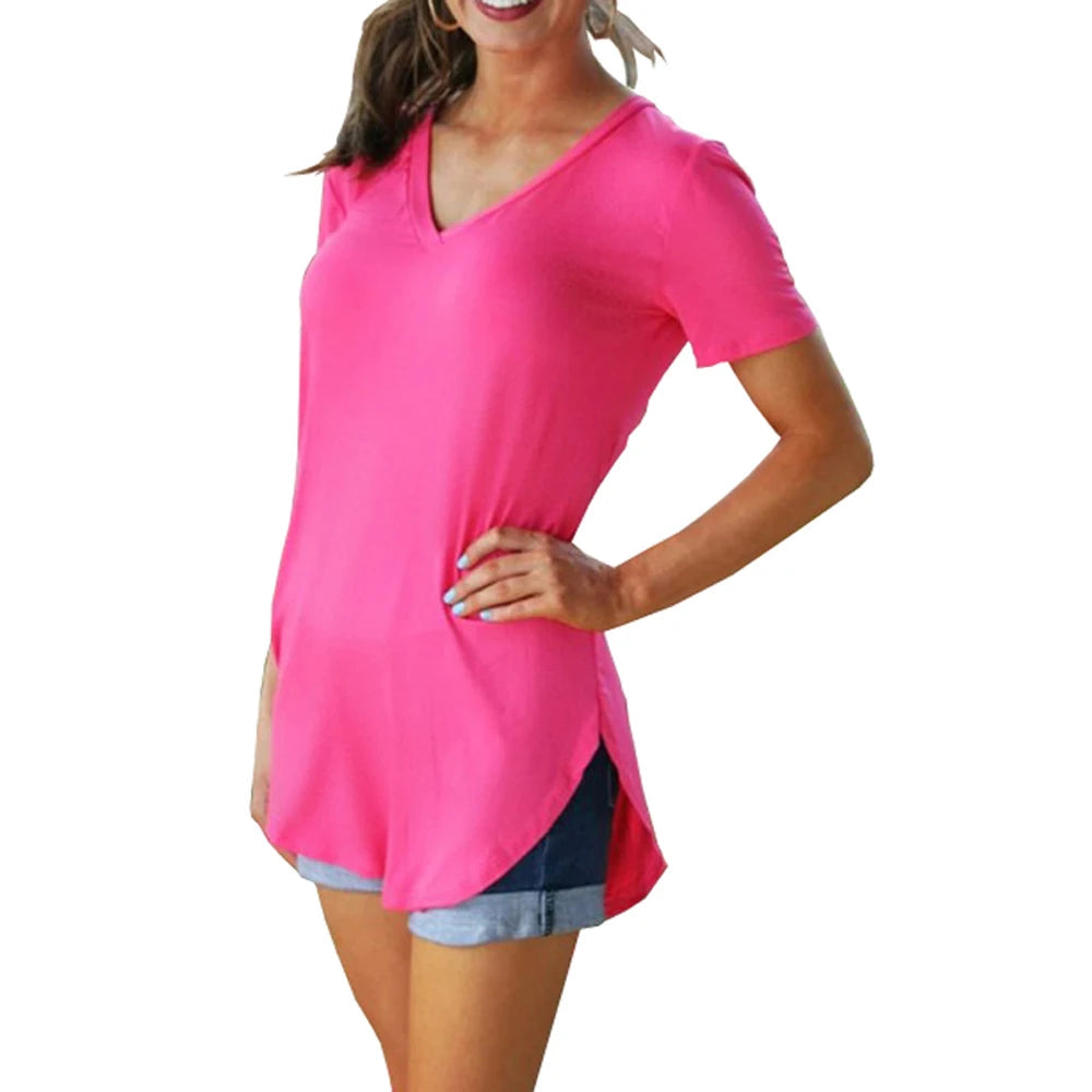 Summer solid color blouse V-neck short sleeve loose T-shirt hem arc women clothes Quick Pick Grocers
