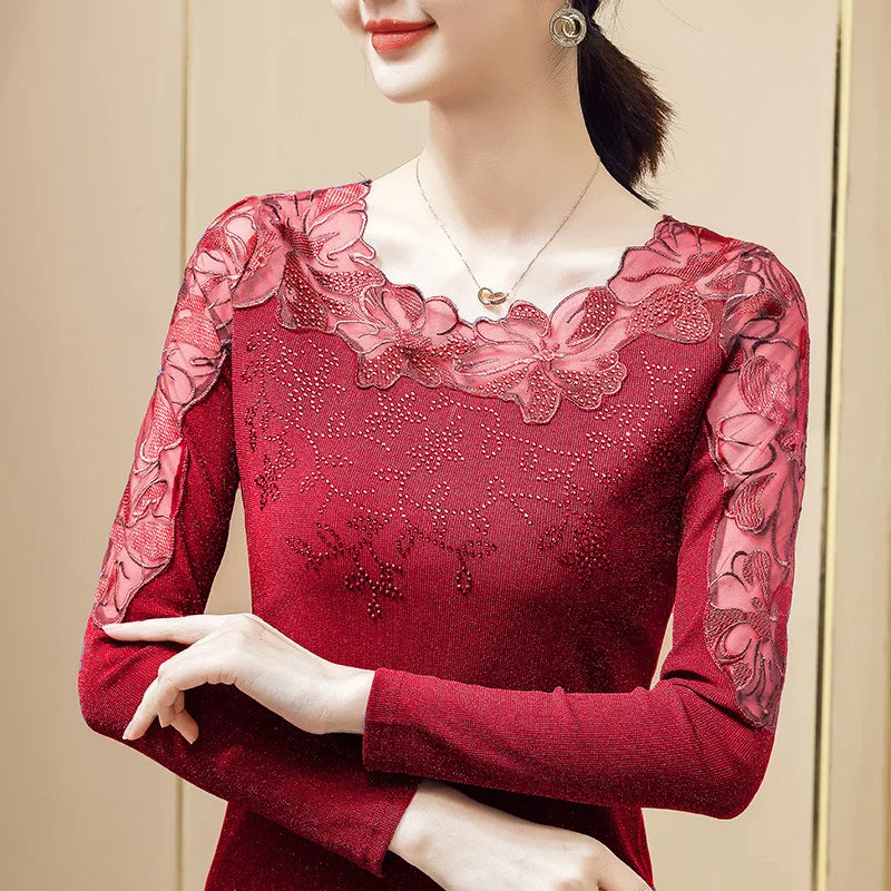 M-5XL Women T-Shirt 2026 New Lace Hollow Embroidery Mesh Tees Tops Fashion Casual Short Sleeve Hot Drilling Women's Shirt Quick Pick Grocers