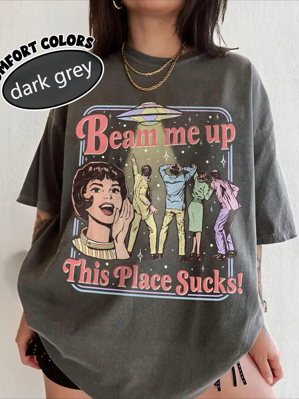Fun Slogan 'Beam Me Up This Place Sucks' Retro UFO Crowd Print Funny Sci-fi Style' Loose Short Sleeved Women's T-shirt Quick Pick Grocers