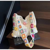 Women's Boho Crochet Bag Designer Flowers Knitted Handbags Large Capacity Summer Beach Woven Shoulder Bag Girls Tote Shopper Bag Quick Pick Grocers