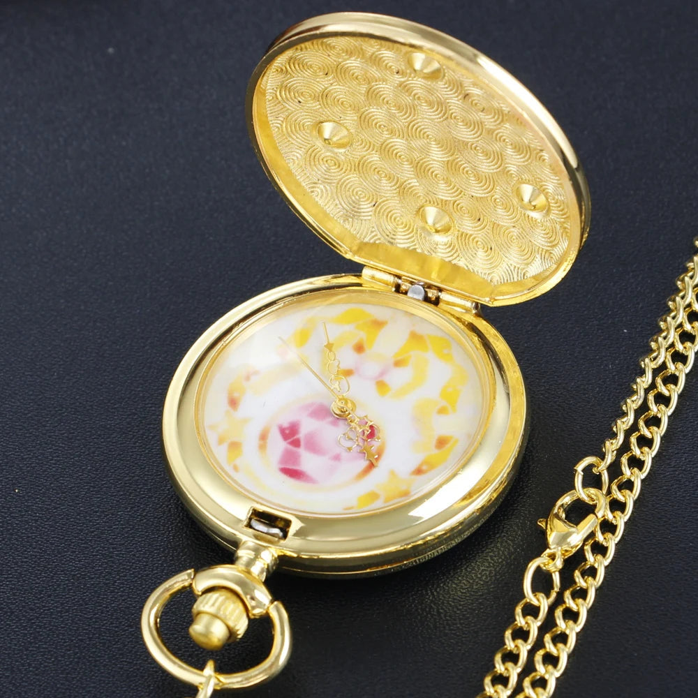 Japanese Anime Beauty Girl Gold Quartz Pocket Girl Vintage Fob Watch Children's Gift Women Pendant Necklace Souvenir Quick Pick Grocers