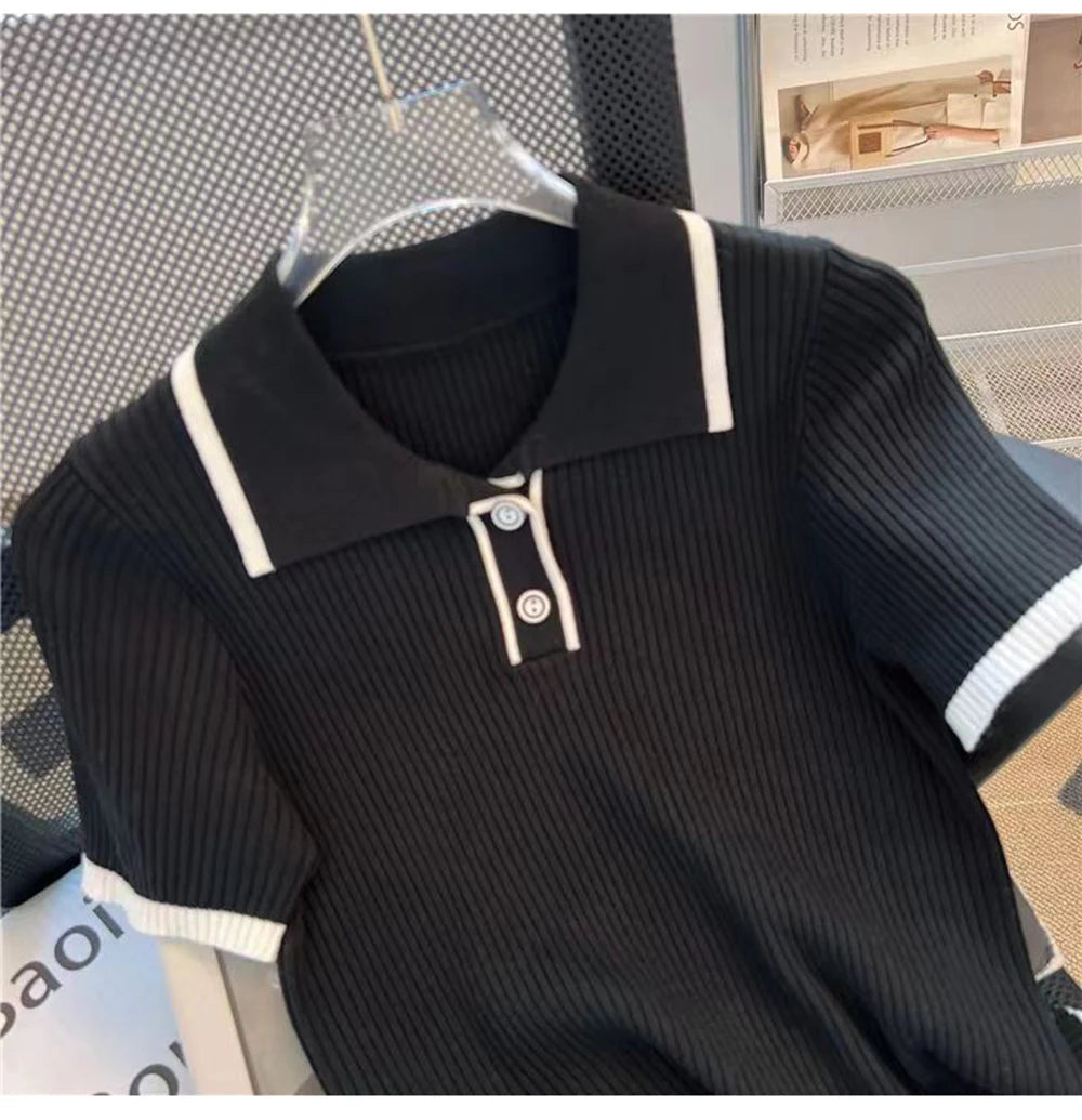 Ice silk knitted short sleeved T-shirt for women's summer 2024 new fashionable and stylish polo shirt top Quick Pick Grocers