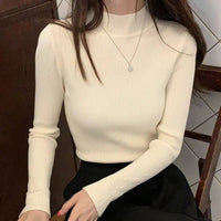 Autumn Winter Mock Neck Women Sweater Vintage Basic Solid Knitted Tops Casual Slim Pullover Korean Sweaters Simple Chic Jumpers Quick Pick Grocers