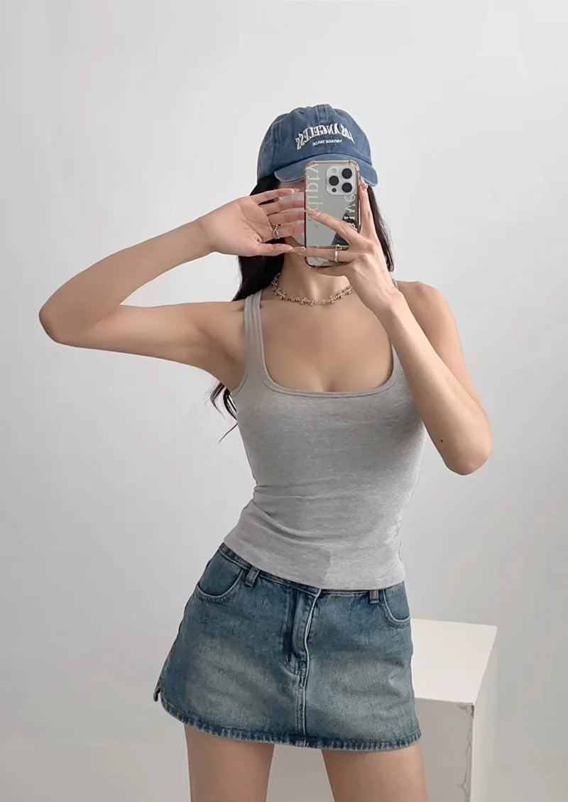 Women's Sculpted Square Neck Tank Top Summer Slim Fit Workout Athletic Crop Tops for Women Quick Pick Grocers
