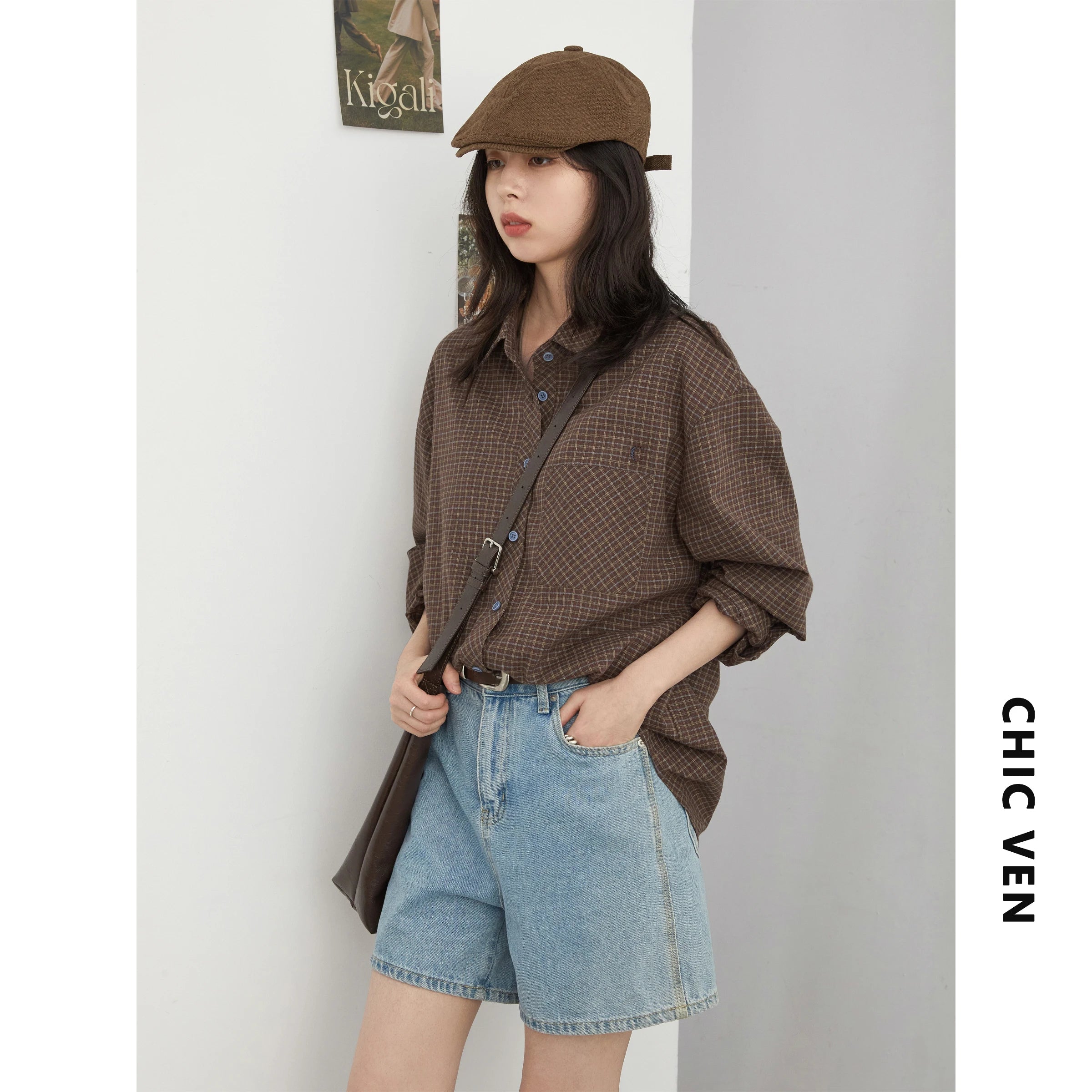 CHIC VEN Women Shirt Loose Casual Single-breasted New Retro Contrast Plaid Embroidered Blouses Female Top Autumn Winter 2025 Quick Pick Grocers