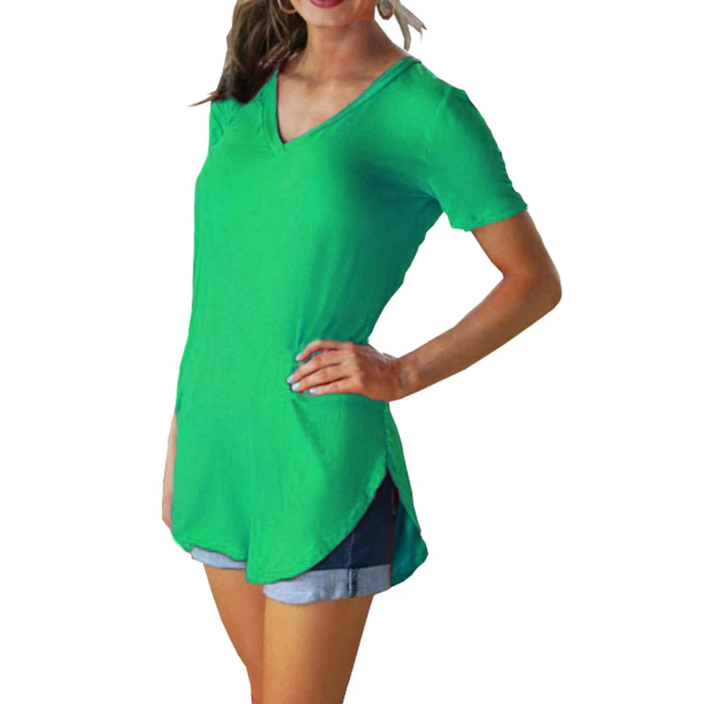 Summer solid color blouse V-neck short sleeve loose T-shirt hem arc women clothes Quick Pick Grocers