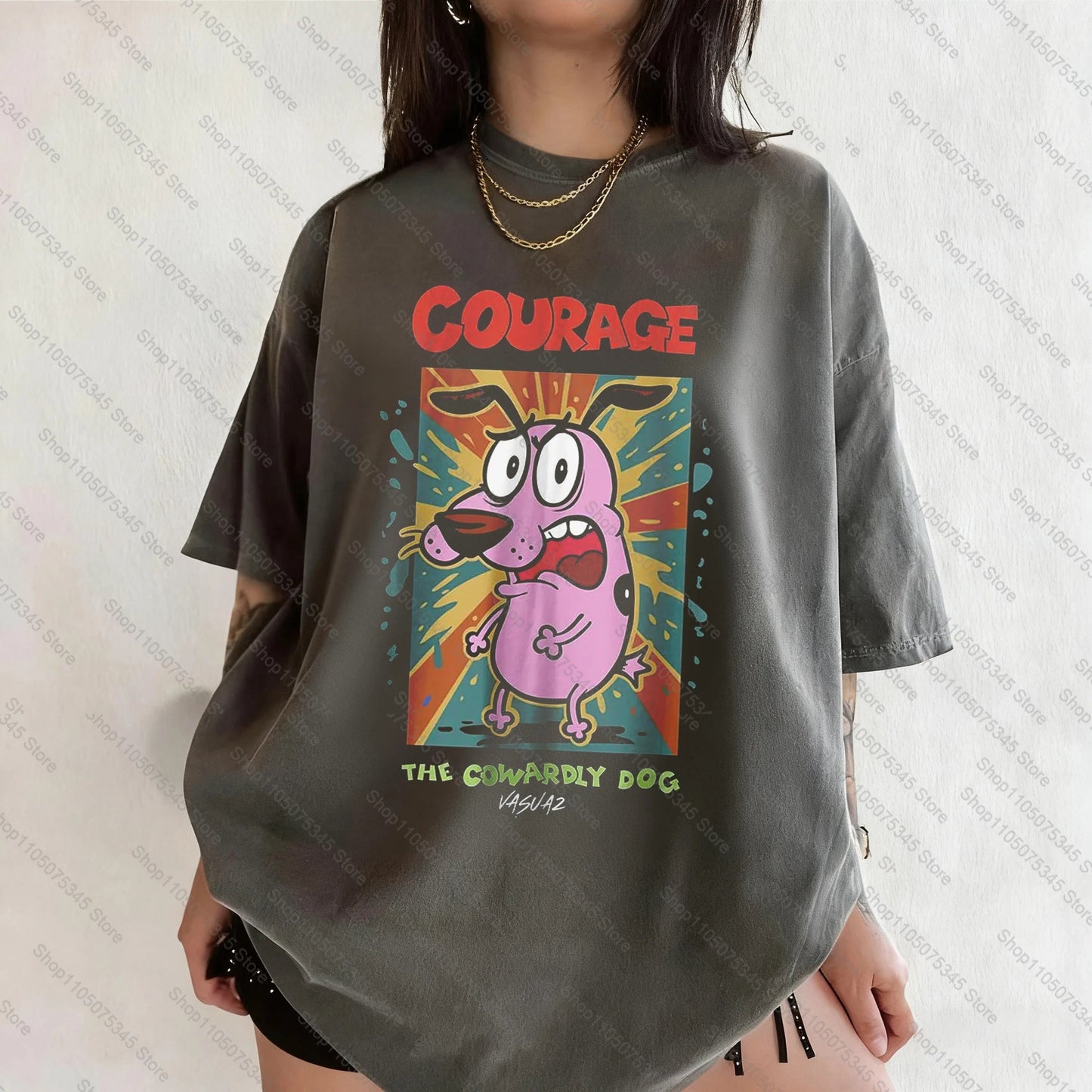 Vintage Courage The Cowardly Dog Cartoon Print Short Sleeve T-Shirt Retro Unisex Graphic Tee 90s Nostalgia Summer Streetwear Tee Quick Pick Grocers