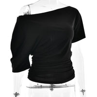 Off Shoulder Ruched Crop Top Women Basics Solid Color Skew Collar Short Sleeve T-shirts Summer Casual Streetwear Tees Quick Pick Grocers