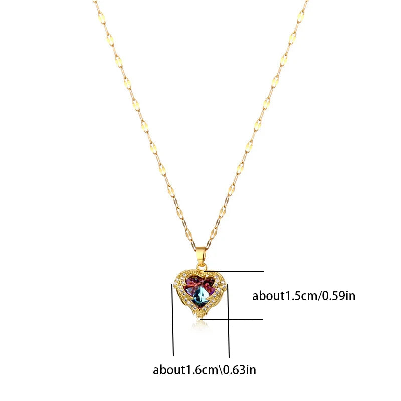 Top Luxury Colorful Crystal Ocean Heart Pendant Necklace For Women Trendy 316L Stainless Steel Jewelry Female Wedding Neck Chain Quick Pick Grocers