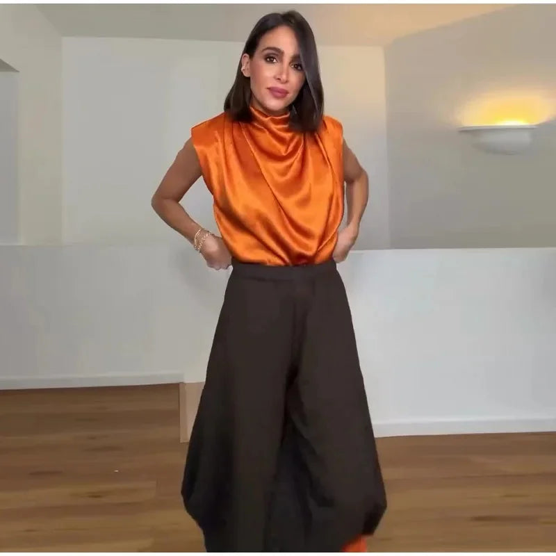 Women's Top 2026 Spring New Style Orange Sleeveless Satin Texture Long Ribbon Top Elegant and Stylish Unique Fashion Focus Quick Pick Grocers