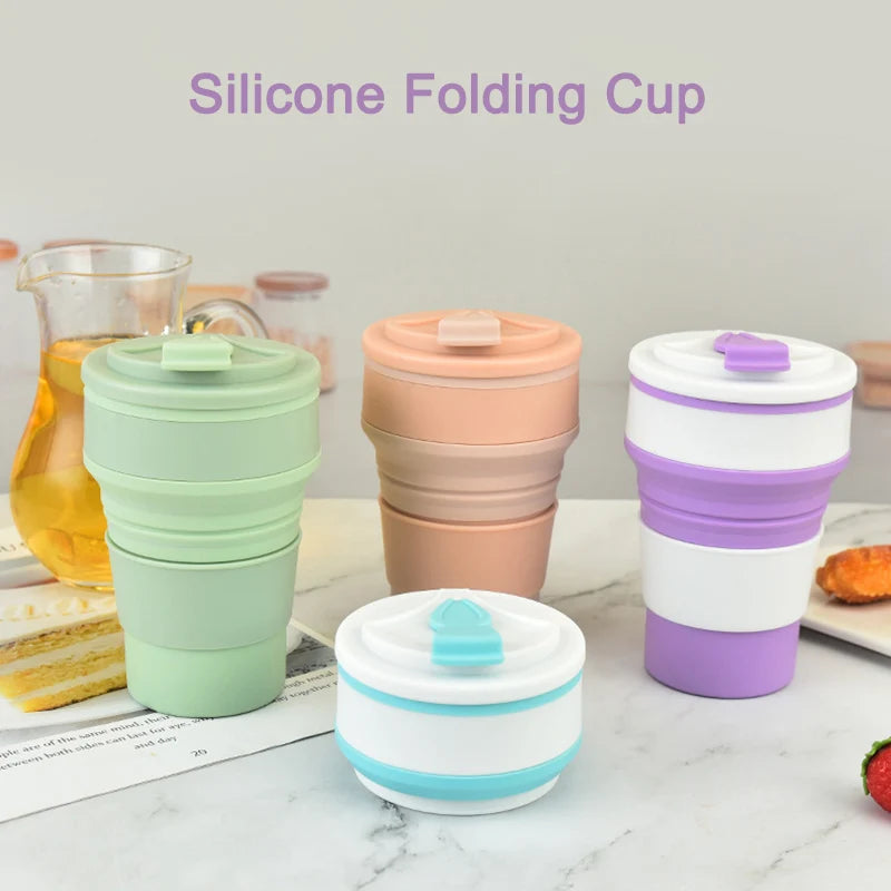 350ML/500ML Silicone Folding Cup Collapsible Mug With Cover Coffee Travel Outdoors Portable Water Drinking Tea Cups Quick Pick Grocers