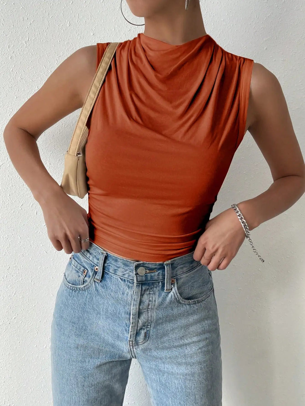 Women's Casual Pleated Design Top Summer Fashion Street Style Solid Color Slim Half High Neck Sleeveless T-Shirt Top Quick Pick Grocers