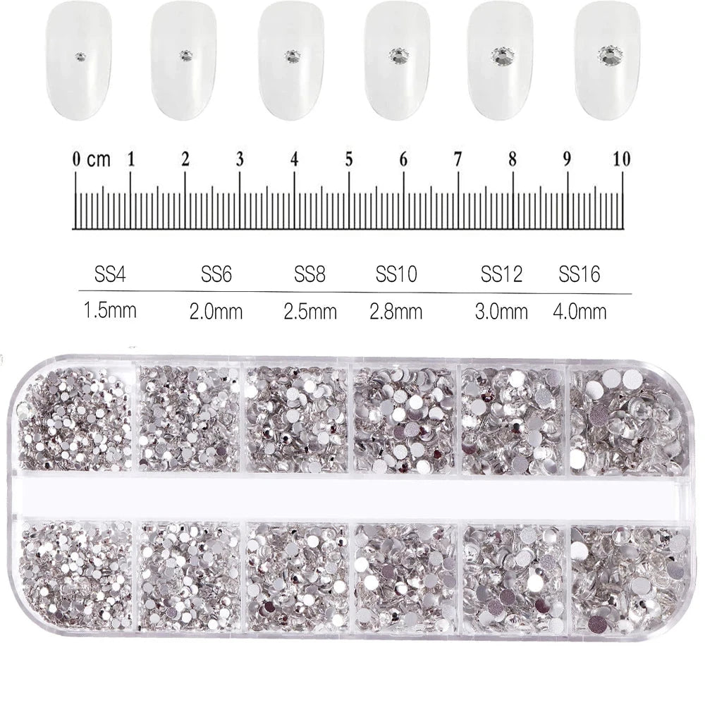 12Grids SS6-SS30 Mixed Nail Rhinestones Shiny Clear/Gold/Pink/Blue Diamond Flat-back Nail Gems Glass Stones Nails Decoration Econic Blanks