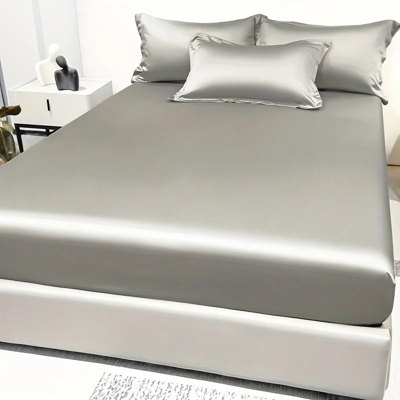 1 Simple Modern Satin Solid Color Fitted Sheet, Solid Color Ice Silk Bedspread For Bedroom, Bedding (Excluding Pillowcases) Quick Pick Grocers