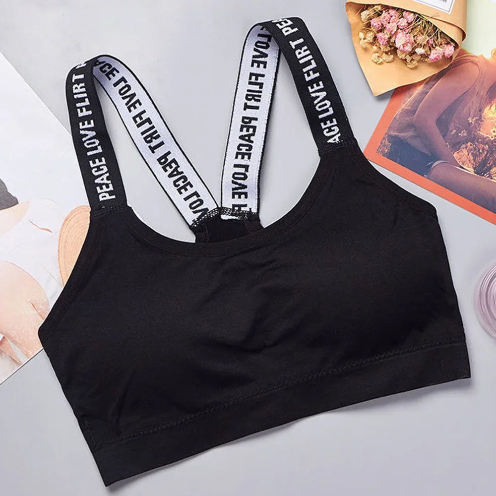Sports Underwear Women Yoga Fitness Seamless Crop Top Wide Letter Straps Comfortable Workout Activewear Back Without Underwire I Quick Pick Grocers