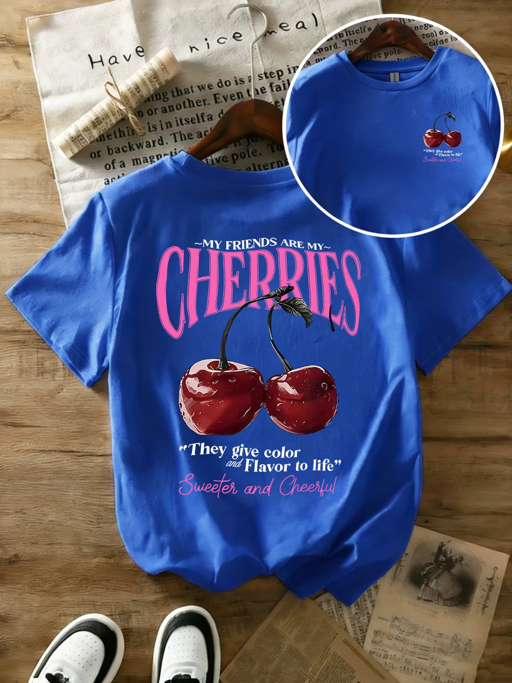 Summer Sweeter Cherries Prints T-Shirts Womens Cotton Oversized T Shirts Basic O-Neck Short Sleeve Tops Casual Woman Clothes Quick Pick Grocers