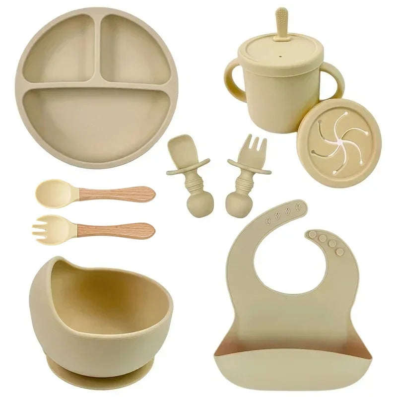 Food Grade Silicone Child Dish Set Baby Feeding Bowl Suction Plate Straw Cup Wooden Spoon Fork for Kids Tableware Toddler Dishes Purest Peak