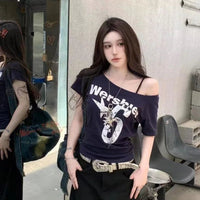 Y2k Sport Summer Off shoulder Top Women Sexy Vintage 2000s Short sleeve T shirt Lady Body Basic Crop Top Female Casual Quick Pick Grocers