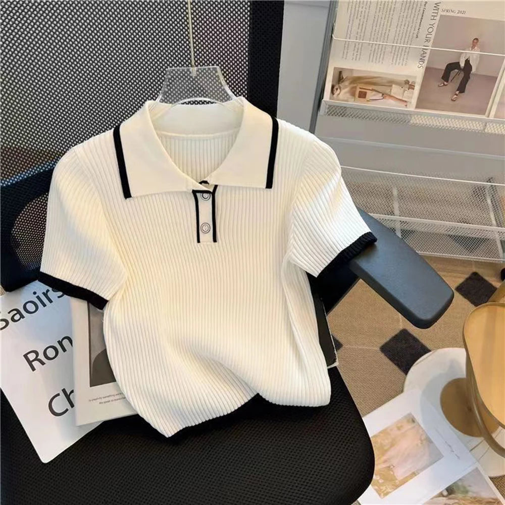 Ice silk knitted short sleeved T-shirt for women's summer 2024 new fashionable and stylish polo shirt top Quick Pick Grocers