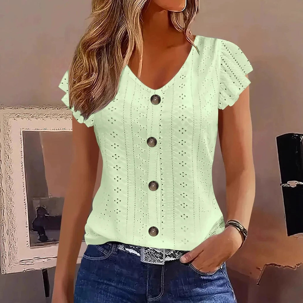 2025 Spring/Summer new women's fashion stylish commute casual solid color multi-color ruffle sleeve V-neck T-shirt Quick Pick Grocers