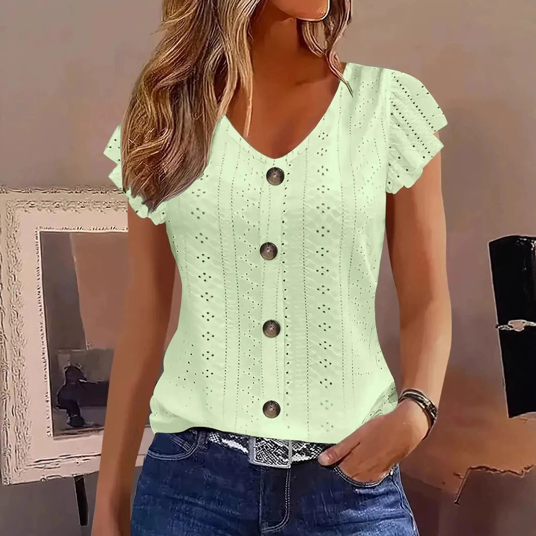 2025 Spring/Summer new women's fashion stylish commute casual solid color multi-color ruffle sleeve V-neck T-shirt Quick Pick Grocers