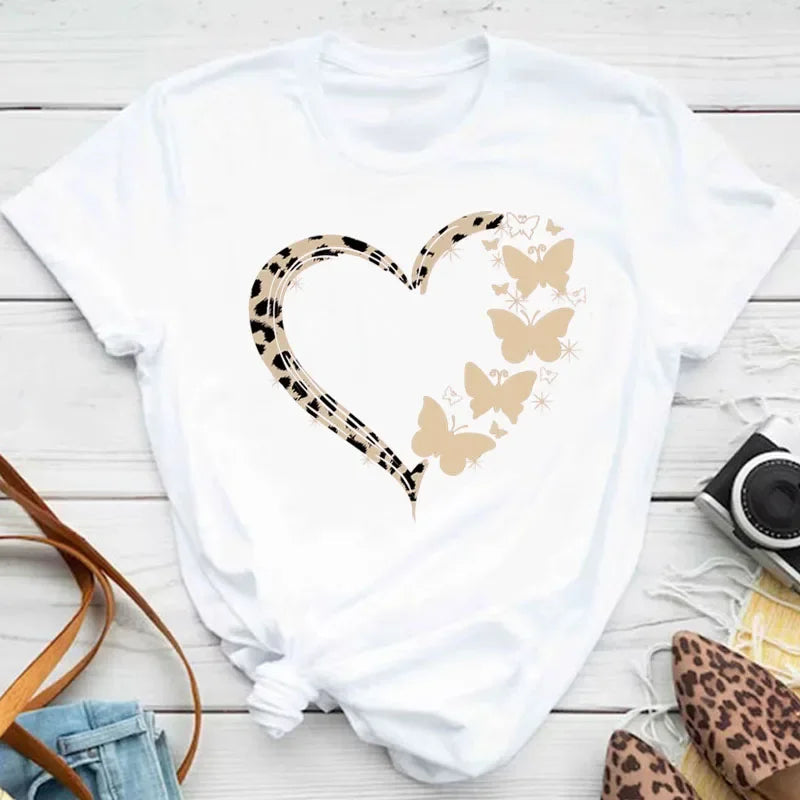 New Fashion Women T-shirt Colorful Butterfly Petal Print Short Sleeve and Round Neck Cute Graphic Tee Shirts Female Tops Clothin Quick Pick Grocers