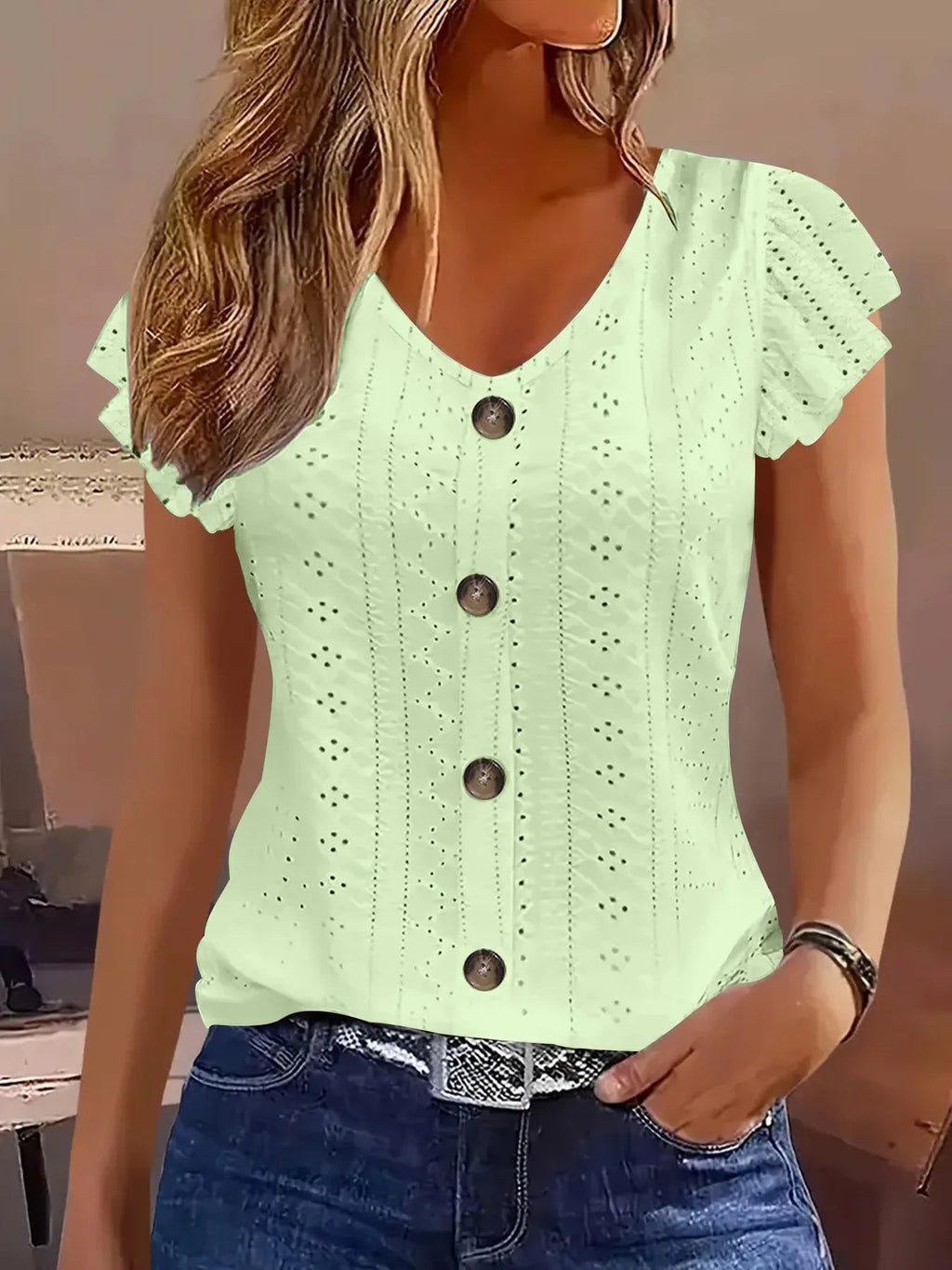 2025 Spring/Summer new women's fashion stylish commute casual solid color multi-color ruffle sleeve V-neck T-shirt Quick Pick Grocers