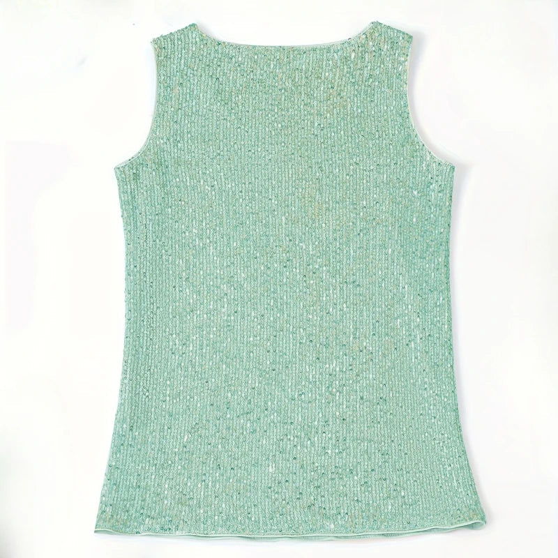 Women‘s Summer Fashion Deep V Neck Sequined Tank Top Stylish Sleeveless Polyester Top Sparkly Club Party Vest Blouses Quick Pick Grocers