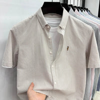 High End Brand Embroidered Striped Shirt Men's Short Sleeved Lapel Business Breathable Shirt Summer New Pure Cotton Jacket Quick Pick Grocers