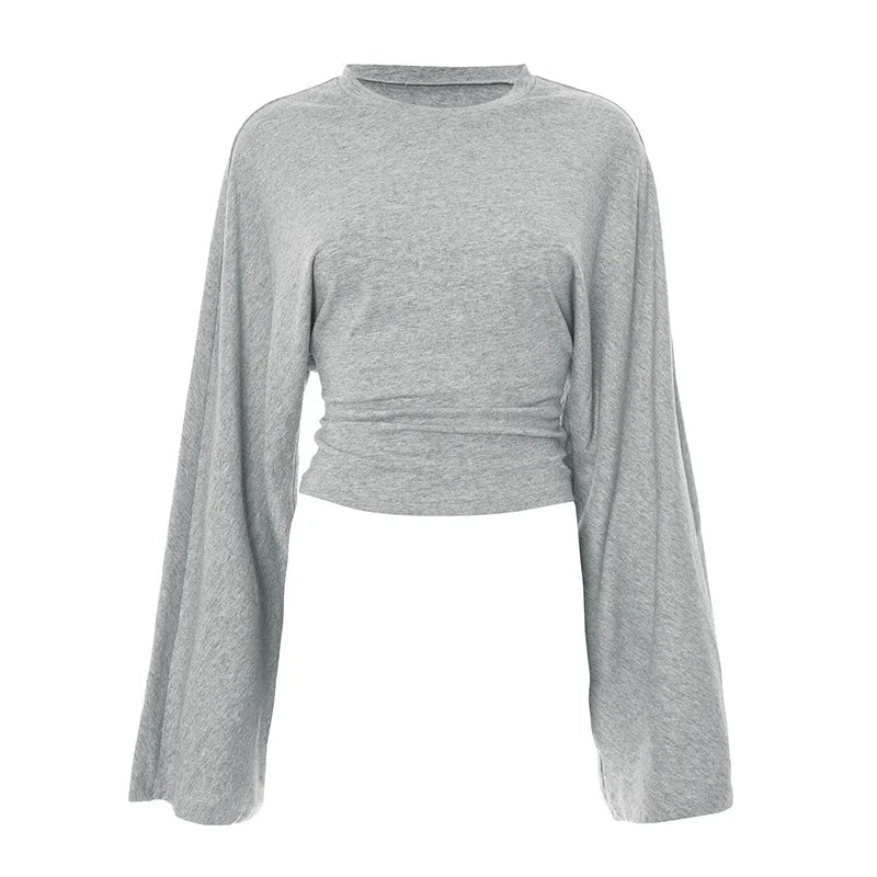 Women's Long Sleeve O-Neck Skinny T-Shirt Monochromatic Crop Top Casual Y2K Streetwear Fashion Pullover Summer Outfit Quick Pick Grocers
