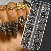 12Grids SS6-SS30 Mixed Nail Rhinestones Shiny Clear/Gold/Pink/Blue Diamond Flat-back Nail Gems Glass Stones Nails Decoration Econic Blanks