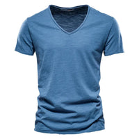 Brand Quality 100% Cotton Men T-shirt V-neck Fashion Design Slim Fit Soild Male Tops Tees Short Sleeve Quick Pick Grocers