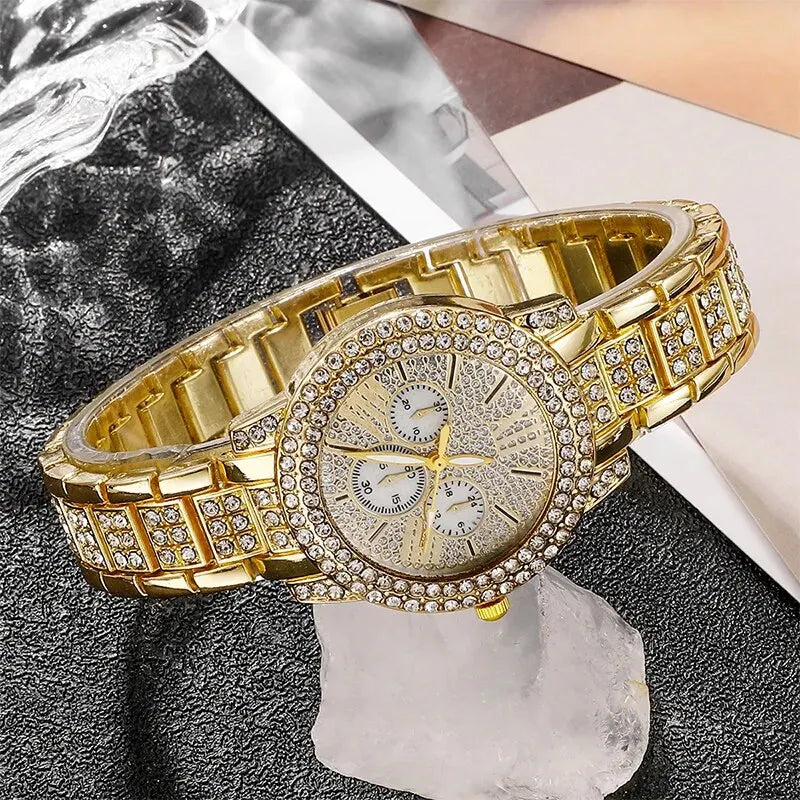 Women's Quartz Watch Gold Luxury Women Ring Necklace Earring Rhinestone Fashion Wristwatch Casual Ladies Watches Jewelry Set Quick Pick Grocers