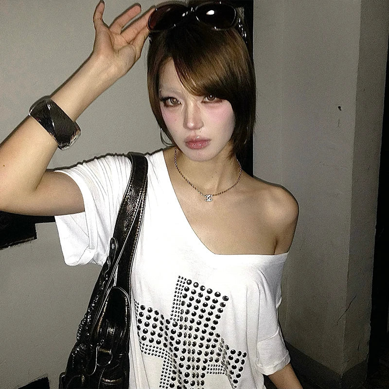 Karrram Japanese Y2k Metal Cross Print T-shirt Trashy 2000s V-neck Sheer Tops Vintage Harajuku Short Sleeve Streetwear Grunge Quick Pick Grocers