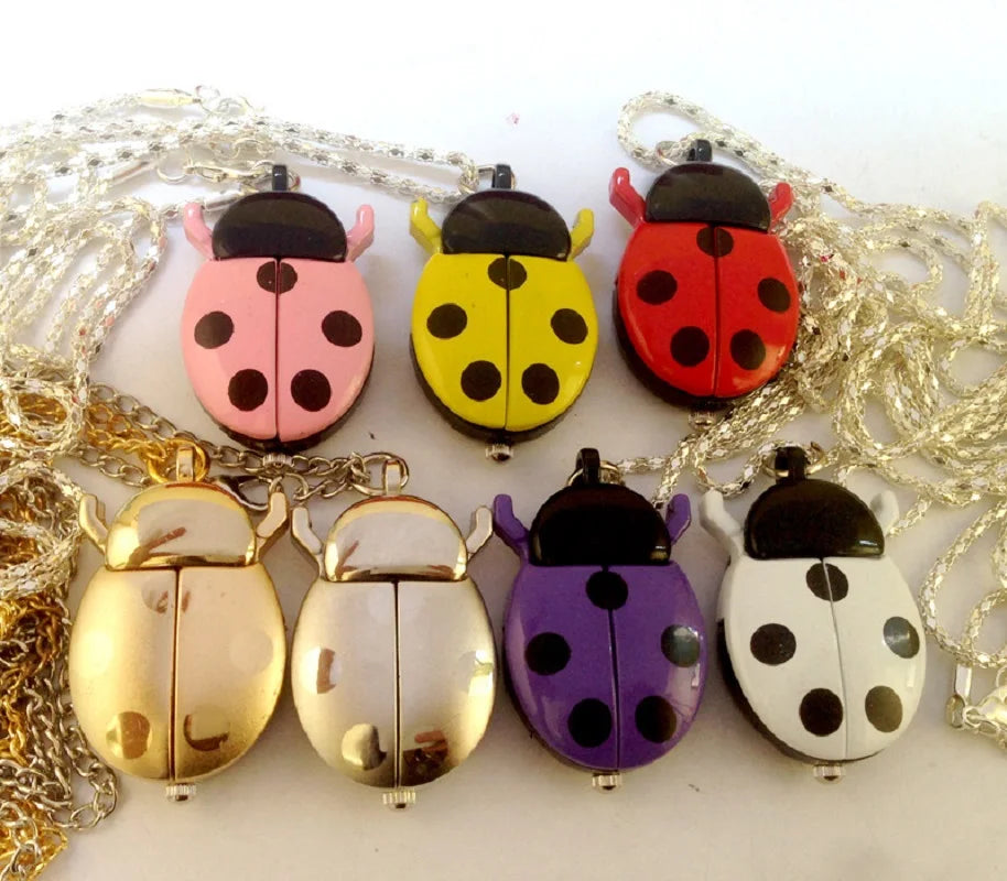 New Fashion Cute Small Golden Beetle Pocket Watchs With Chain Lightweight Necklace Pendant Clock Adult Children Ladybug Watch Quick Pick Grocers