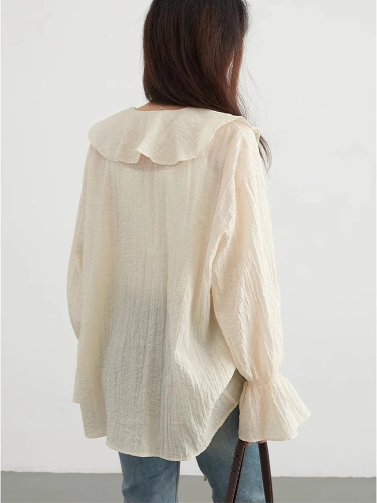 CHIC VEN Women Shirt Loose Casual Ruffled Edges Female Blouses Solid V Neck Lace Up Mid Length Ladies Shirts Spring Summer 2026 Quick Pick Grocers