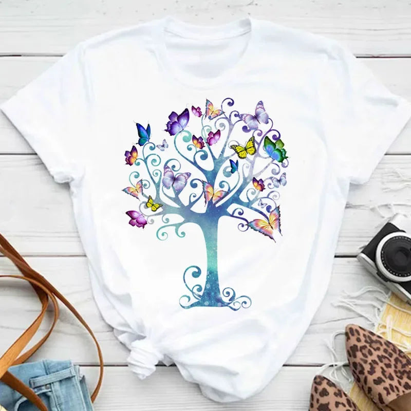 New Fashion Women T-shirt Colorful Butterfly Petal Print Short Sleeve and Round Neck Cute Graphic Tee Shirts Female Tops Clothin Quick Pick Grocers