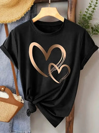 Summer New Fashion Women's Heart Printed T-shirt Trendy Casual Round Neck Top Short Sleeves Women T-shirt Women Clothing Quick Pick Grocers