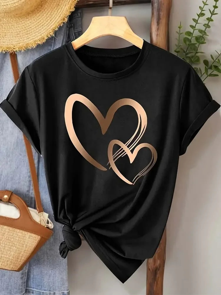 Summer New Fashion Women's Heart Printed T-shirt Trendy Casual Round Neck Top Short Sleeves Women T-shirt Women Clothing Quick Pick Grocers