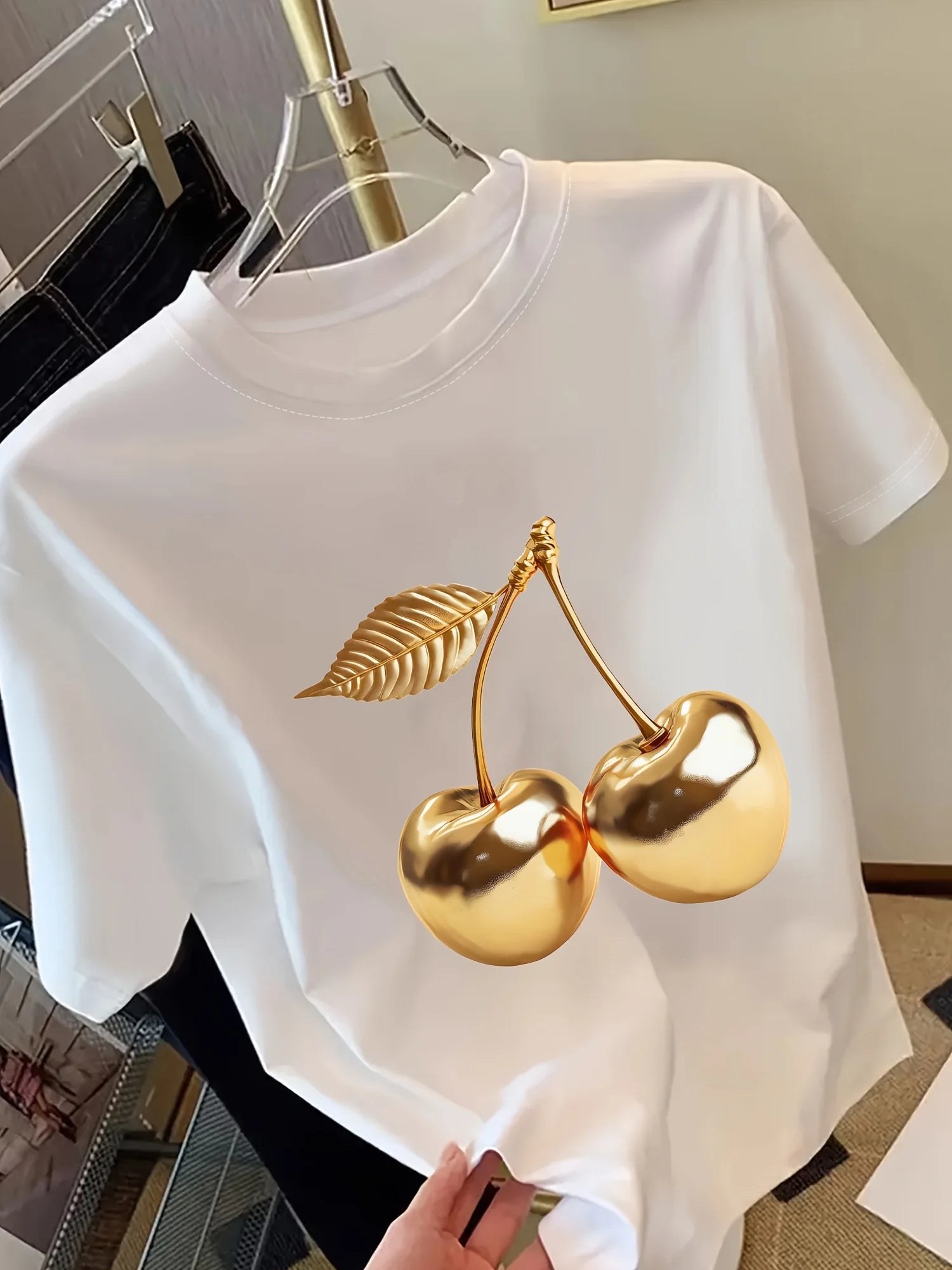 Women'S Golden Cherry Print Short Sleeve Stylish Round Neck Perfect for Spring Outfits Cherry Themed Items Aesthetic Clothes Quick Pick Grocers