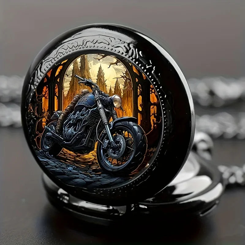 Vintage Black Motorcycle Quartz Pocket Watch, Necklace Pendant With World Time Feature,  Ideal Gift For Men & Women and Kids Quick Pick Grocers